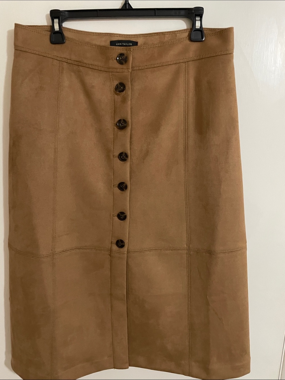 Ann Taylor Tan Faux Suede Button-Front Midi Skirt Size 12